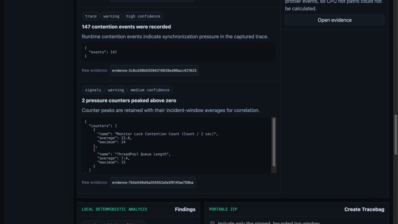 Tracebag correlation view aligning runtime pressure, trace events, and logs