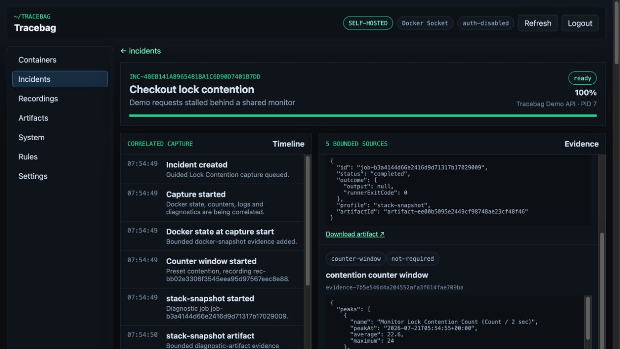 Tracebag raw evidence screenshot