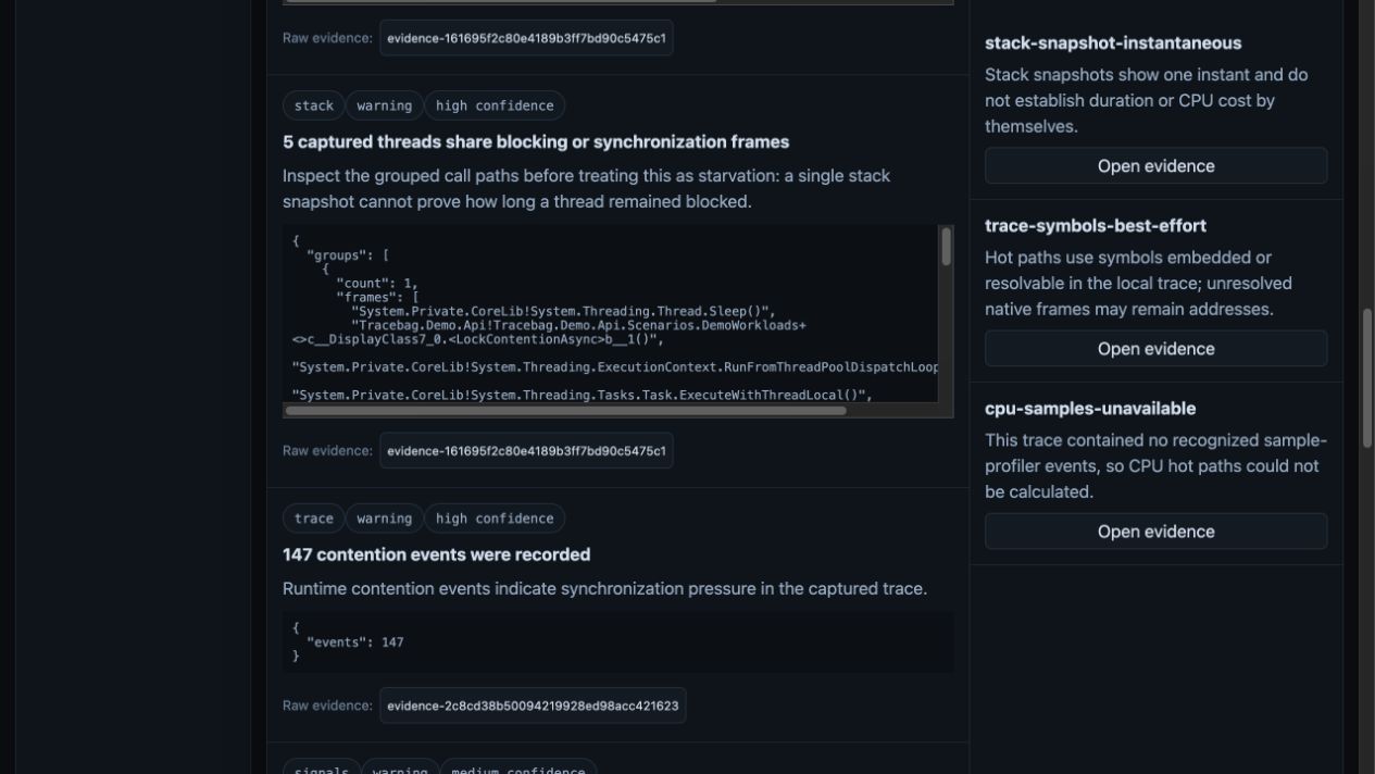 Tracebag local findings screenshot
